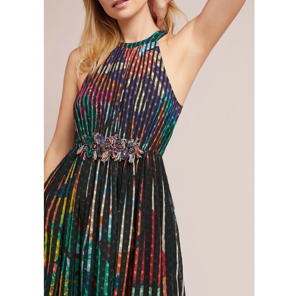 Anthropologie Multicolor Pleated Maxi Dress with Embellished Waist